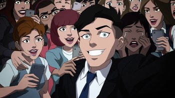 Movie still from “The Death and Return of Superman” (2019), directed by Sam Liu – A crowd of people standing next to each other; Medium shot, High angle