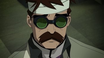 Movie still from “The Death and Return of Superman” (2019), directed by Sam Liu – An animated man with a beard and a mustache wearing glasses; Close Up shot, Low angle