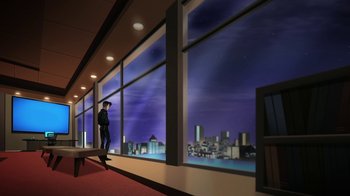 Movie still from “The Death and Return of Superman” (2019), directed by Sam Liu – A man standing in front of large windows looking out at a city skyline; Extreme Wide shot, Low angle
