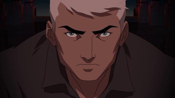 Movie still from “The Death and Return of Superman” (2019), directed by Sam Liu – A person with a white hair; Close Up shot, Low angle