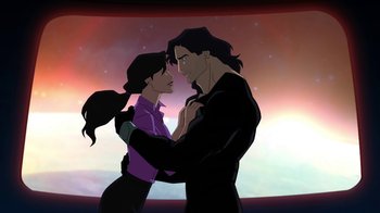 Movie still from “The Death and Return of Superman” (2019), directed by Sam Liu – A man and a woman standing next to each other; Medium shot, Over the shoulder angle