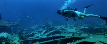 Movie still from “The Deep” (1977), directed by Peter Yates – A scuba diver swimming over a wreck in the ocean; Wide shot, High angle