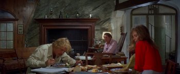Movie still from “The Deep” (1977), directed by Peter Yates – A man and woman sitting at a dinner table; Medium shot, Over the shoulder angle