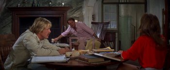 Movie still from “The Deep” (1977), directed by Peter Yates – A man standing in front of two other people; Wide shot, Over the shoulder angle