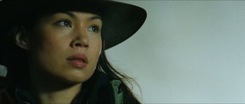 Movie still from “The Descent” (2005), directed by Neil Marshall – A person wearing a hat; Close Up shot, Low angle