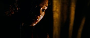 Movie still from “The Descent” (2005), directed by Neil Marshall – A woman's face in the dark; Close Up shot, Low angle