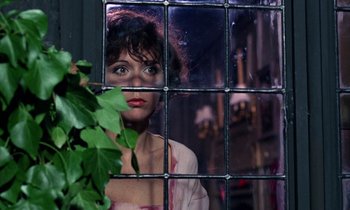 Movie still from “The Devil Rides Out” (1968), directed by Terence Fisher – A woman standing in front of a window looking out at a plant; Close Up shot, Over the shoulder angle