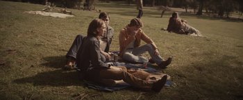 Movie still from “The Diary of a Teenage Girl” (2015), directed by Marielle Heller – A group of young men sitting on top of a blanket in the grass; Medium shot, High angle