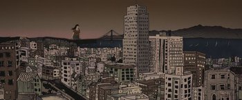 Movie still from “The Diary of a Teenage Girl” (2015), directed by Marielle Heller – An artistic drawing of a city with a bridge in the background; Extreme Wide shot, Low angle