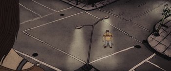 Movie still from “The Diary of a Teenage Girl” (2015), directed by Marielle Heller – A person standing on the ground under a street light; Extreme Wide shot, Overhead angle