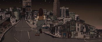 Movie still from “The Diary of a Teenage Girl” (2015), directed by Marielle Heller – A woman standing on the side of a building; Wide shot, High angle