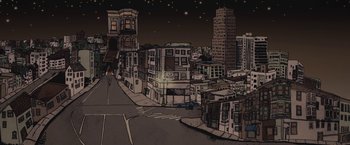 Movie still from “The Diary of a Teenage Girl” (2015), directed by Marielle Heller – An artistic drawing of a city at night; Extreme Wide shot, Overhead angle