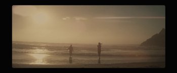 Movie still from “The Diary of a Teenage Girl” (2015), directed by Marielle Heller – Two people walking on the beach at sunset; Extreme Wide shot, Low angle
