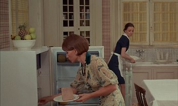 Movie still from “The Discreet Charm of the Bourgeoisie” (1972), directed by Luis Buñuel – Two women in a kitchen preparing a meal together; Medium shot, High angle