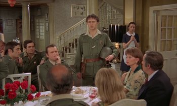 Movie still from “The Discreet Charm of the Bourgeoisie” (1972), directed by Luis Buñuel – A group of people sitting around a table; Medium shot, Over the shoulder angle