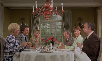 Movie still from “The Discreet Charm of the Bourgeoisie” (1972), directed by Luis Buñuel – A group of people sitting around a dinner table drinking wine; Wide shot, High angle