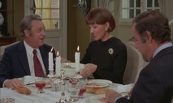 Movie still from “The Discreet Charm of the Bourgeoisie” (1972), directed by Luis Buñuel – A group of people sitting around a dinner table; Medium shot, High angle