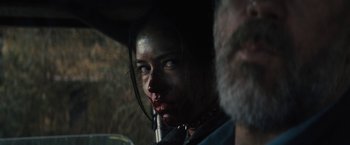 Movie still from “The Domestics” (2018), directed by Mike P. Nelson – A person's face with blood on it; Close Up shot, Over the shoulder angle