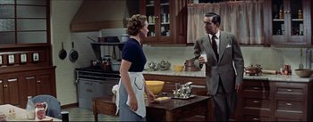 Movie still from “The Eddy Duchin Story” (1956), directed by George Sidney – A man and a woman in a kitchen talking to each other; Medium shot, High angle