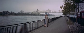 Movie still from “The Eddy Duchin Story” (1956), directed by George Sidney – A man and a woman standing next to each other on a bridge; Extreme Wide shot, High angle