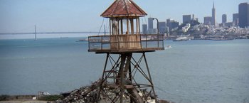 Movie still from “The Enforcer” (1976), directed by James Fargo – A dog standing on top of a wooden structure; Extreme Wide shot, High angle