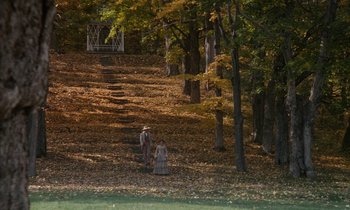 Movie still from “The Europeans” (1979), directed by James Ivory – A man and a woman walking through a forest; Extreme Wide shot, High angle