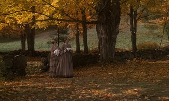 Movie still from “The Europeans” (1979), directed by James Ivory – Two women in period clothing standing in a wooded area; Extreme Wide shot, High angle