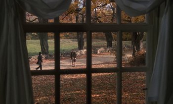Movie still from “The Europeans” (1979), directed by James Ivory – Two people are walking in a wooded area through a window; Extreme Wide shot, High angle