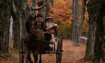 Movie still from “The Europeans” (1979), directed by James Ivory – A man and a woman riding in a horse drawn carriage through the woods; Wide shot, High angle