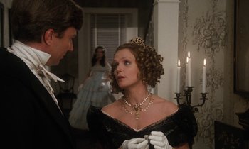 Movie still from “The Europeans” (1979), directed by James Ivory – A man and a woman dressed in formal wear; Medium shot, Over the shoulder angle