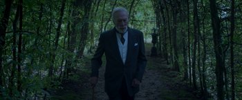 Movie still from “The Exception” (2016), directed by David Leveaux – An older man in a suit and tie walking through the woods; Medium shot, Low angle