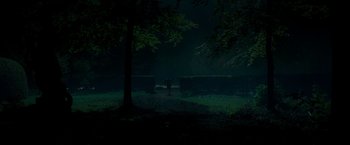 Movie still from “The Exception” (2016), directed by David Leveaux – A person standing in the middle of a forest at night; Extreme Wide shot, High angle