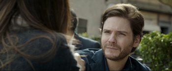 Movie still from “The Face of an Angel” (2014), directed by Michael Winterbottom – A person with a beard; Close Up shot, Over the shoulder angle