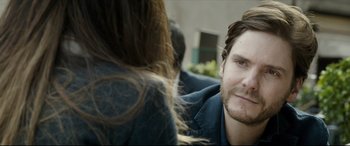 Movie still from “The Face of an Angel” (2014), directed by Michael Winterbottom – A person sitting in a room; Close Up shot, Over the shoulder angle