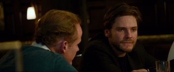 Movie still from “The Face of an Angel” (2014), directed by Michael Winterbottom – Two men sitting at a table talking to each other; Close Up shot, Over the shoulder angle