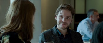 Movie still from “The Face of an Angel” (2014), directed by Michael Winterbottom – A man in a jacket is talking to a woman in front of him; Close Up shot, Over the shoulder angle