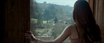 Movie still from “The Face of an Angel” (2014), directed by Michael Winterbottom – A woman standing in front of a window looking out at a field; Medium shot, Over the shoulder angle