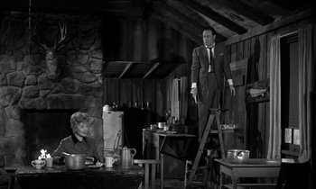Movie still from “The Facts of Life” (1960), directed by Melvin Frank – An old photo of a man and a woman standing on a step ladder; Wide shot, Low angle