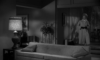Movie still from “The Facts of Life” (1960), directed by Melvin Frank – A black and white photo of a living room with couches; Wide shot, High angle