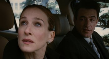 Movie still from “The Family Stone” (2005), directed by Thomas Bezucha – A man and a woman sitting in the back of a car; Close Up shot, Over the shoulder angle