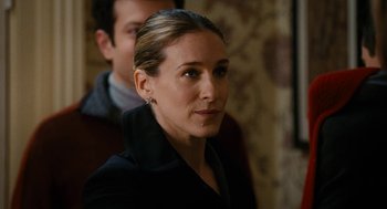 Movie still from “The Family Stone” (2005), directed by Thomas Bezucha – A person wearing a jacket; Close Up shot, Over the shoulder angle