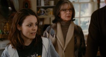 Movie still from “The Family Stone” (2005), directed by Thomas Bezucha – A woman standing next to another woman in a room; Close Up shot, Over the shoulder angle