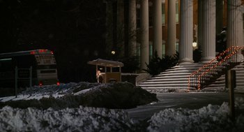 Movie still from “The Family Stone” (2005), directed by Thomas Bezucha – A wooden cart sitting on top of a snow covered ground; Extreme Wide shot, Low angle