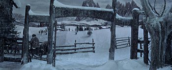 Movie still from “The Fearless Vampire Killers” (1967), directed by Roman Polanski – A snowy field with a wooden fence in the middle of it; Wide shot, Low angle