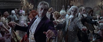 Movie still from “The Fearless Vampire Killers” (1967), directed by Roman Polanski – A group of people dressed up in costumes; Medium shot, Over the shoulder angle