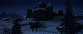 Movie still from “The Fearless Vampire Killers” (1967), directed by Roman Polanski – A horse drawn carriage in front of a castle; Extreme Wide shot, Low angle
