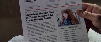 Movie still from “The Final Destination” (2009), directed by David R. Ellis – A newspaper article about a fatal accident with a woman; Extreme Close Up shot, High angle
