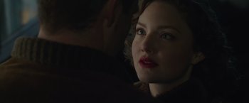 Movie still from “The Finest Hours” (2016), directed by Craig Gillespie – A person looking at the camera; Close Up shot, Over the shoulder angle