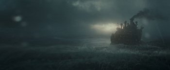 Movie still from “The Finest Hours” (2016), directed by Craig Gillespie – A ship in the middle of the ocean under a cloudy sky; Extreme Wide shot, Low angle
