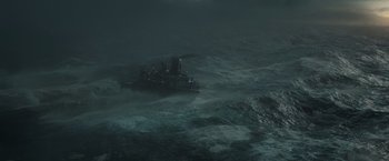 Movie still from “The Finest Hours” (2016), directed by Craig Gillespie – A boat in the middle of the ocean in the dark; Extreme Wide shot, High angle